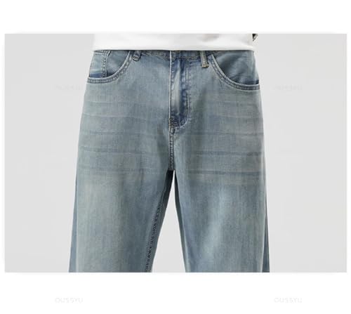 Men's Thin Soft Jeans Classic Straight Denim Pants Work Wide Leg Casual Trousers Light Blue 322