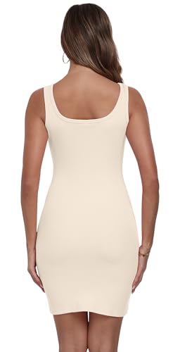 Image of Qaffier Summer Dresses for Women Sexy Mini Dress Ribbed Knit Fitted Square Neck Bodycon Party Club Tank Dresses
