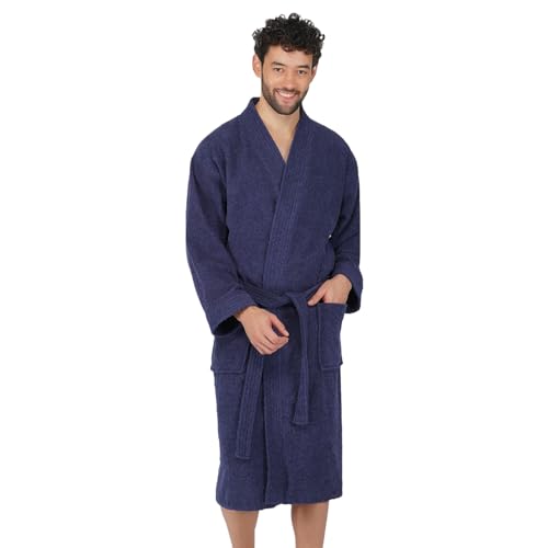Rangoli 100% Cotton Bathrobe for Men| Noble 400 GSM bath robes with Pockets, Lightweight & Highly Absorbent Luxurious Full Sleeves Unisex Bath Gown/Bath Robe (IN, Alpha, L, Regular, NAVY BLUE)