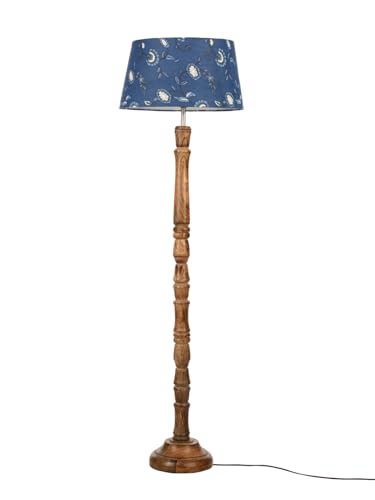 Image of Green Girgit Brown Color Small Wooden Floor Lamp with Taper Blue Creeper Multicolor Lamp Shade, Traditional Turned Column Base, Standing Light for Living Room (LED Bulb Included)