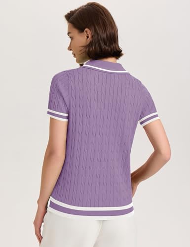 Image of Micoson Womens Short Sleeve Sweater Tops Lapel V Neck Polo Shirts 2026 Summer Cable Knit Loose Blouse Business Casual Outfits