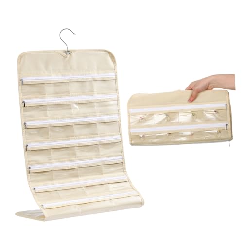 Cabilock Hängende Schmuck Organizer,Schmuck-Organizer zum Aufhängen Kleiderschrank Schmuckaufbewahrung Doppelseitig mit 66 Taschen Metallhaken, doppelseitiger Schmuckhalter für ZubehöR Ring Ohrringe