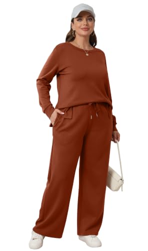Image of WIHOLL Women's 2 Piece Lounge Sets Sweatshirt Casual Travel Outfits Fashion Wide Leg Tracksuit Cozy Sweatsuits