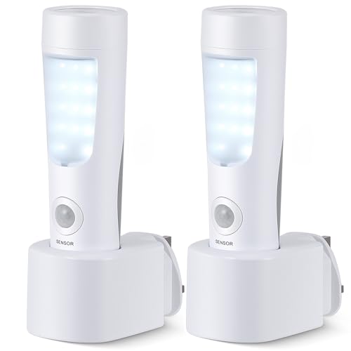 2-Pack Plug in Motion Sensor Night Light, 4 in 1 Emergency Light with Rechargeable Base, Bright Power Failure Light, Portable Emergency Torch, Plug in Night Light for Hallway Stairs Nursery Bedroom