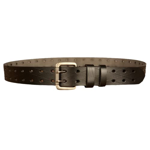 Men's Leather Double Prong Jean Belt With Grommet Holes & Twin Roller Buckle - Handmade Stitching2