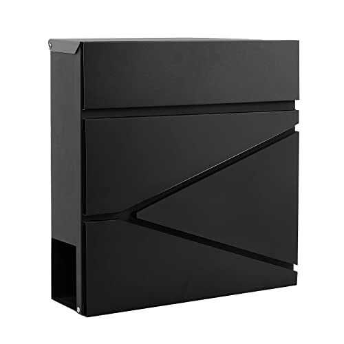 Image of Wall-Mount Mailbox for House Outside, Security Key Drop Box with Lock and Keys, Steel Metal Mail Box with Newspaper Compartment, 14.57 x 14.57 x 4.33 Inch, Black, MD021 X-Large