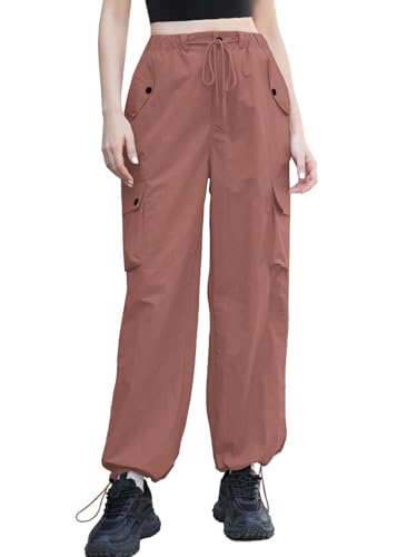 Image of Cromoncent Womens High Waist Parachute Pants Y2K Cargo Trousers with Pockets, Rust Red, S