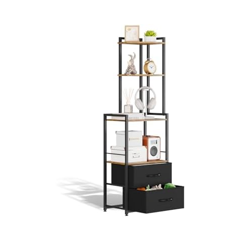 Pouhenier.jh 6 Tier Tall Corner Shelf with Black Fabric Drawer, Narrow Corner Rack Furniture for Bedroom and Living Room, Space-saving Gadgets and Book Storage Tower, Stable Metal Stand (Rustic Brown) Cover