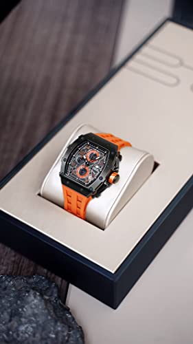 Image of Tsar Bomba Men's Tonneau Luxury Watch - Quartz Chronograph Skeleton Dial, Black Stainless Steel Case, Orange Silicone Strap, 50M Water Resistant, Watch for Men - TB8204Q-12