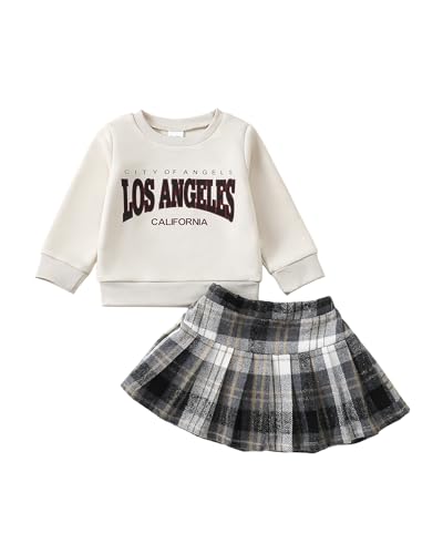 Image of Kucnuzki Baby Girl Clothes Toddler Girl Fall Outfits Kids Winter Cute Long Sleeve T Shirt Top Plaid Mini Skirt Dress Set