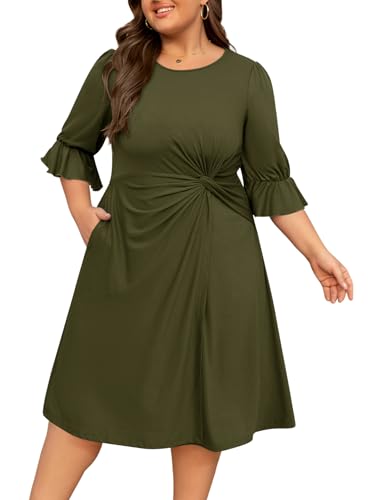 Manllenshie Women's Plus Size Dresses Casual 3/4 Ruffle Sleeve Crew Neck Twist Knot Wrap Patchwork Slit Hem Dress with Pocket (Army Green,4XL)