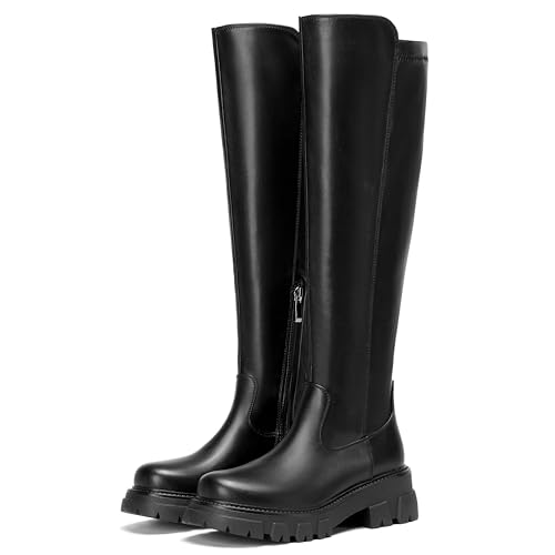 CouieCuies Women’s knee high Boots Platform Rounded Toe Lug Sole Tall Boots Comfortable Side Zipper Wide Calf Dress Long Boot for Women3