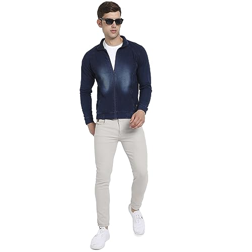 Image of Campus Sutra Men's Navy Blue Zip-Front Dark-Wash Denim Jacket For Casual Wear | High Neck | Long Sleeve | Zipper Closure | Cotton Jacket Crafted With Comfort Fit For Regular Wear