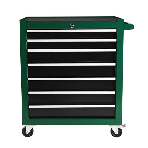 SILLAMMI 7 Drawers Rolling Tool Chest Cabinet with Wheels, Tool Storage Cart and Tool Box Organizer with 7 Extra Storage Boxes for Garage, Warehouse and Workshop, Green & Black