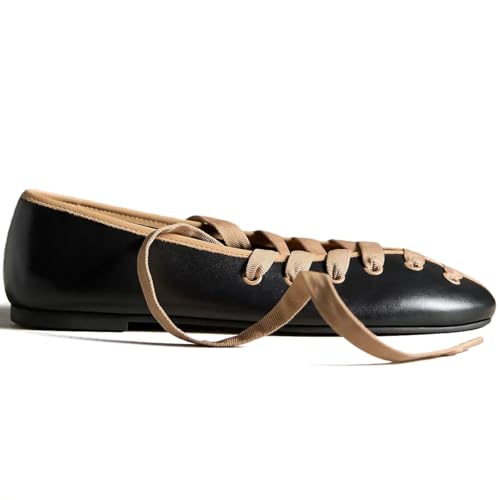 ETHSIETA Black Lace Up Ballet Flats for Women Closed Round