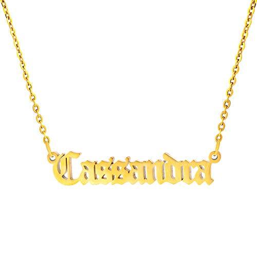 Cassandra Name Necklace Old English Cute Stainless Steel Pendant 14K Gold Filled Jewelry Unique Gifts for Mom Women Teen Girls Sister Bridesmaid Best Friend
