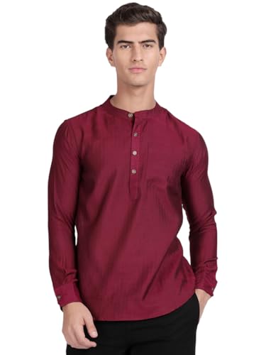 Image of KRYPTIC Men's Full Sleeve Regular Fit Short Kurta in Premium Pure Cotton with Patch Pocket and Mandarin Collar - Perfect Blend of Style and Comfort