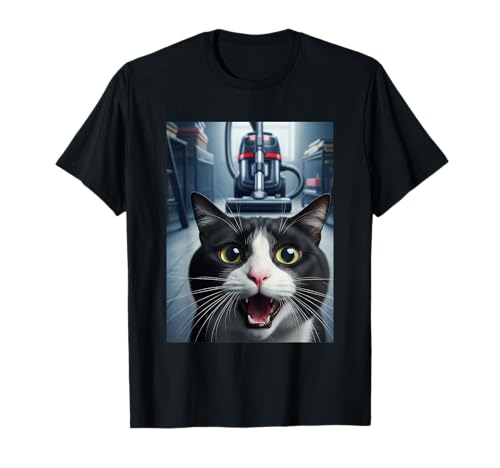 Funny Tuxedo Cat Selfie with Vacuum Chase Meme T-Shirt
