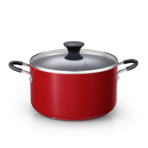 Image of Cook N Home Nonstick Stockpot with Lid 6-Quarts, Professional Cooking Soup Pot, Casserole Cookware, Marble Red