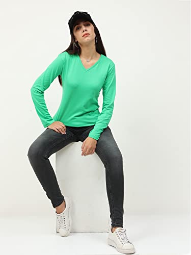 Image of FLEXIMAA Women's Cotton Plain V Neck Full Sleeve T-Shirt