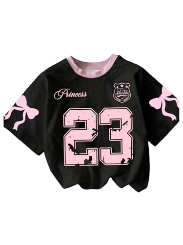 SHENHE Girl's Summer Cute Graphic Tee Number Bow Print Crew Neck Short Sleeve Tshirt Top