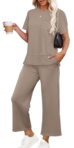 OFEEFAN Lounge Sets for Women Two Piece Summer Outfits Loose Travel Short Sleeve Tracksuit Wide Leg Loungewear Capri Pants Matching Clothing Set Cruise Wear Women's Airport Vacation Clothes Khaki XL