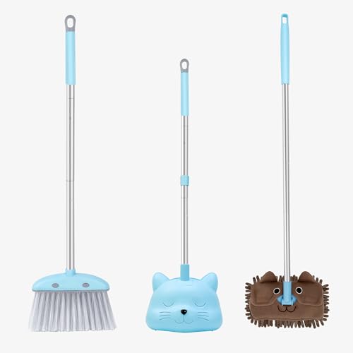 28 Kids Mini Broom with Dustpan & Mop Set - Toddler Cleaning Toy Toddler Household Helper Parent-Child Interactive Play Cleaning Tool Cute Cartoon Design Small Safe Corner Broom (Blue)
