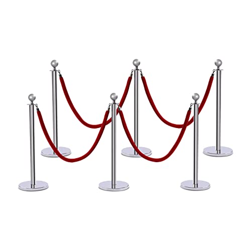 LyeXD 6PCS Crowd Control Stanchion Set, Stainless Steel Stanchion Posts Queue w/ 5ft Red Velvet Rope & Sturdy Metal Base, Silver Posts Set Crowd Control Barrier Queue Line for Airport, Theater, Hotel