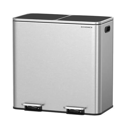 SONGMICS Mülleimer, 2 x 40 Liter, 2 Fächer, Mülltrennsystem, Treteimer, Abfalleimer Küche, 15 Müllsäcke, Metall, Inneneimer aus Kunststoff, Klappdeckel, Softclose, silbern-schwarz LTB730E80