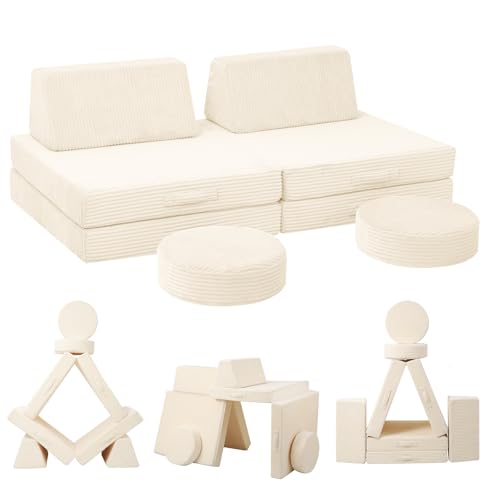 MeMoreCool Kids Couch for Playroom, Corduroy Convertible Toddler Couch, 8 Piece Modular Play Sofa, Foam Fort Building Set for Child Room Furniture, Beige