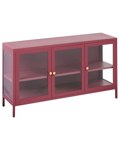 Beliani Aparador Moderno de Acero Vidrio Templado 3 Puertas estantes Ajustables Rojo Oscuro Newport
