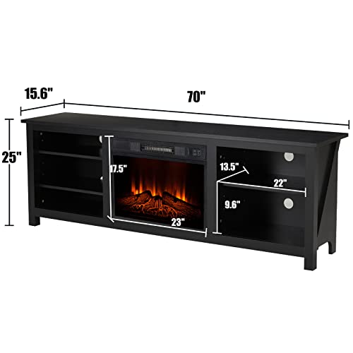 Amerlife Fireplace Tv Stand, Wood Texture Entertainment Center With 23" Electric Fireplace, Farmhouse Entertainment Stand Media Tv Console For Tvs Up To 80", 70 Inches, Black #TOP5