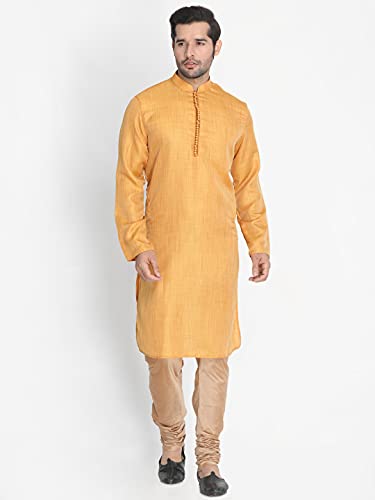 Image of VASTRAMAY Men's Beige Cotton Silk Blend Kurta, Ethnic Jacket and Pyjama Set