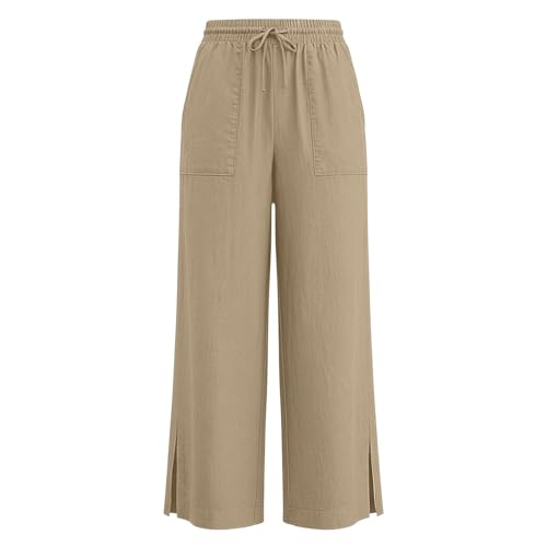Image of Girls Linen Pants Wide Leg School Uniform Pants Cozy Elastic Waist Summer Casual Beach Lounge Trousers with Pockets