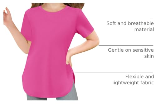 Image of Haloumoning Girls Summer Short Sleeve Shirt Kids Crewneck Curve Hem Soft Tunic Tops T-Shirts 5-14 Years