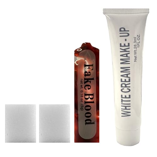 Lizzy Bloody Makeup Set with Sponge | 1x White Cream, Fake Blood, 2 x Sponges | Paint Theatrical Halloween Fevstival, Zombie Makeup Kit Color Paint