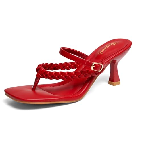Women's Kitten Heels Open Toe Braided Strappy Heels Sexy Heeled Sandals Square Toe Thong Flip Flop 2 Inch Heel for Women