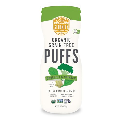 Serenity Kids 6+ Months Grain-Free Allergen-Safe Puffs for Toddlers & Babies - No Grains Gluten Nuts Rice - Organic Veggies Legumes Olive Oil (1.5 Ounce - 1 Count) Broccoli & Spinach)