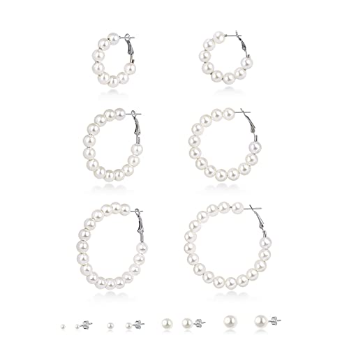 Pearl Hoop Stud Set Earring: Round Cultured Classic Pearl Stainless Steel Pin Pierced Hypoallergenic Fashion Trendy Dainty Party Sensitive Ear Wedding Christmas Valentine's Day Jewelry Gift For Women Mom Wife (Pearl Hoop Stud) #TOP12