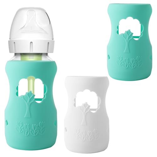 Image of LuQiBabe (2-Pack, 9 oz) Silicone Baby Bottle Sleeves Compatible with Dr. Brown's Wide-Neck Glass Bottles, Anti-Colic, Dishwasher-Safe, Protective Covers for Glass Baby Bottles
