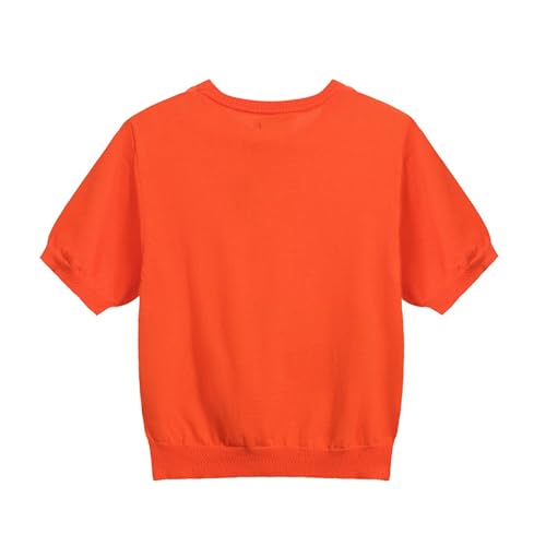 Women's Orange Knitted T-Shirt, Fashion Word Floral Crewneck Cotton Short Sleeve - Cropped Length2