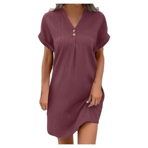 KQIVAM Robe Lin Coton Femme Ete Chic Elegant Tunique Robe Manches Courtes Ample Casuel Couleur Unie Robes avec Boutons Col V Robes De Plage Pas Cher Grandes Tailles Dress pour FêTe Vacances