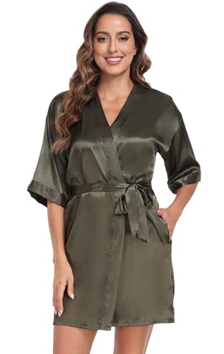 Womens Satin Silk Kimono Robes - Short Bridal Party Bridesmaid Robes Summer Sleepwear Army Green