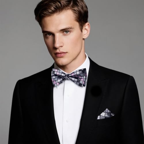 Image of Hi-Tie Bow Ties for Men Pre-Tied Pocket Square with Cufflinks Mens Bowtie Sets for Wedding Formal Party