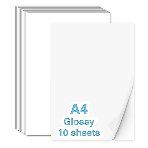 A4 Premium Printable Vinyl Sticker Paper for Inkjet Printer & Laser Printer, 10 Glossy White Waterproof Decal Paper Sheets - Standard Letter Size 8.5 x11 - Dries Quickly and Holds Ink Beautifully