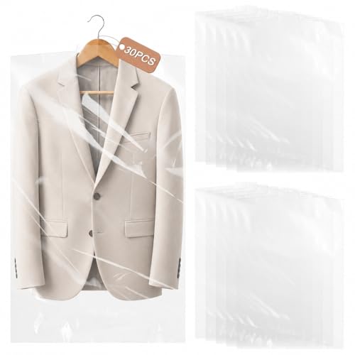 RAINFLOW 30 Pack Garment Bags for Hanging Clothes - Clear Garment Bags 60x90cm, Plastic Garment Covers for Long Dress, Suit, Coat, Dust-Proof Clothes Storage Bags for Closet Travel