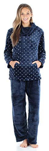 Sleepyheads Women's Fleece 2-Piece Cowl Neck Pullover Loungewear Pajamas, Cowl Neck Set- Navy White Polka Dot, MED