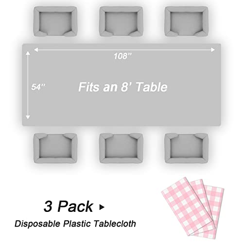 Qiksion 3 Pack Pink Gingham Tablecloth Pink Plaid Disposable Checkered Tablecloth, Rectangle Waterproof Plastic Table Cloths For Outdoor Picnic, Birthday, Party, Baby Shower(54 × 108 Inch) #TOP4