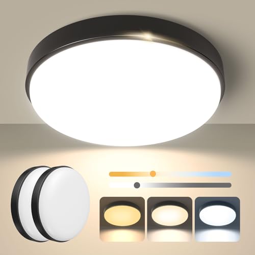 OOWOLF Led Flush Ceiling Light - 2 Pack 24W 2400LM 9 Inch Metal Base 3000K/4000K/5000K Waterproof IP44 Fitting for Bathroom Bedroom, Kitchen, Hallway, Living Room, Toilet, Shower (Black, 2Pack)