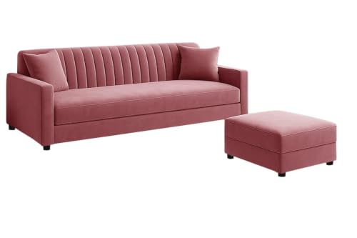 Image of Rosebell 3 Seater Sofa Set with Ottoman, Upholstered Sofa with Matching Footrest, Comfortable Seating for Living Room Bedroom Home Furniture - Rose Pink